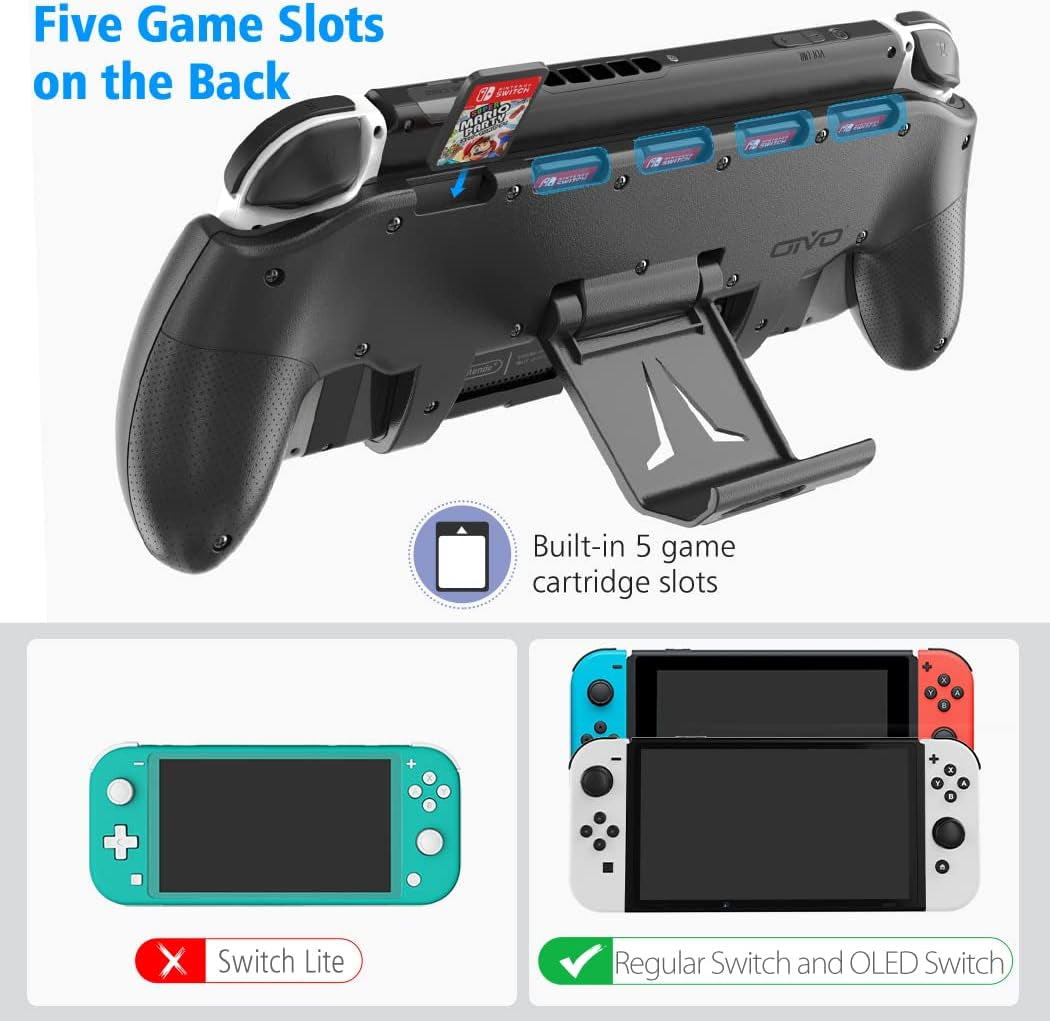 Switch Pro Grip with Enhanced Adjustable Stand and Cartridge Holders for Nintendo Switch, Ergonomic Asymmetrical Grip Design, 5 Game Slots, and 4 Thumb Caps Included
