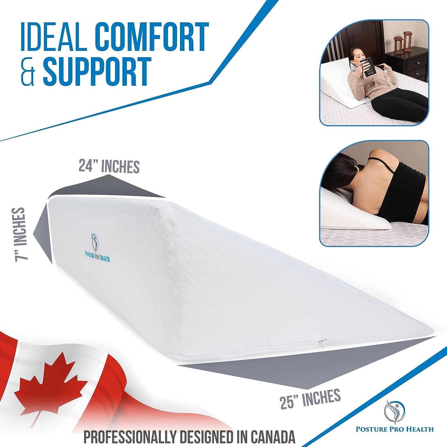 Ergonomic Inclined Bed Wedge Pillow with Memory Foam Top - Sleeping Pillow to Assist with Acid Reflux, Snoring, Back and Neck Pain - Includes Washable Cover - Dimensions: 25" L x 24" W x 7" H