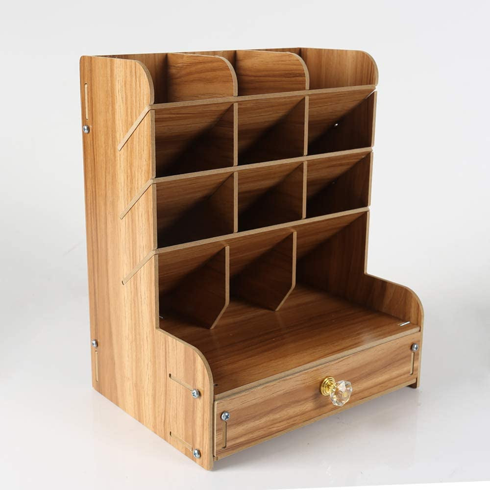 Wooden Desk Organizer with Drawers and Pen Holder - Office Supplies Storage Box in Yellow