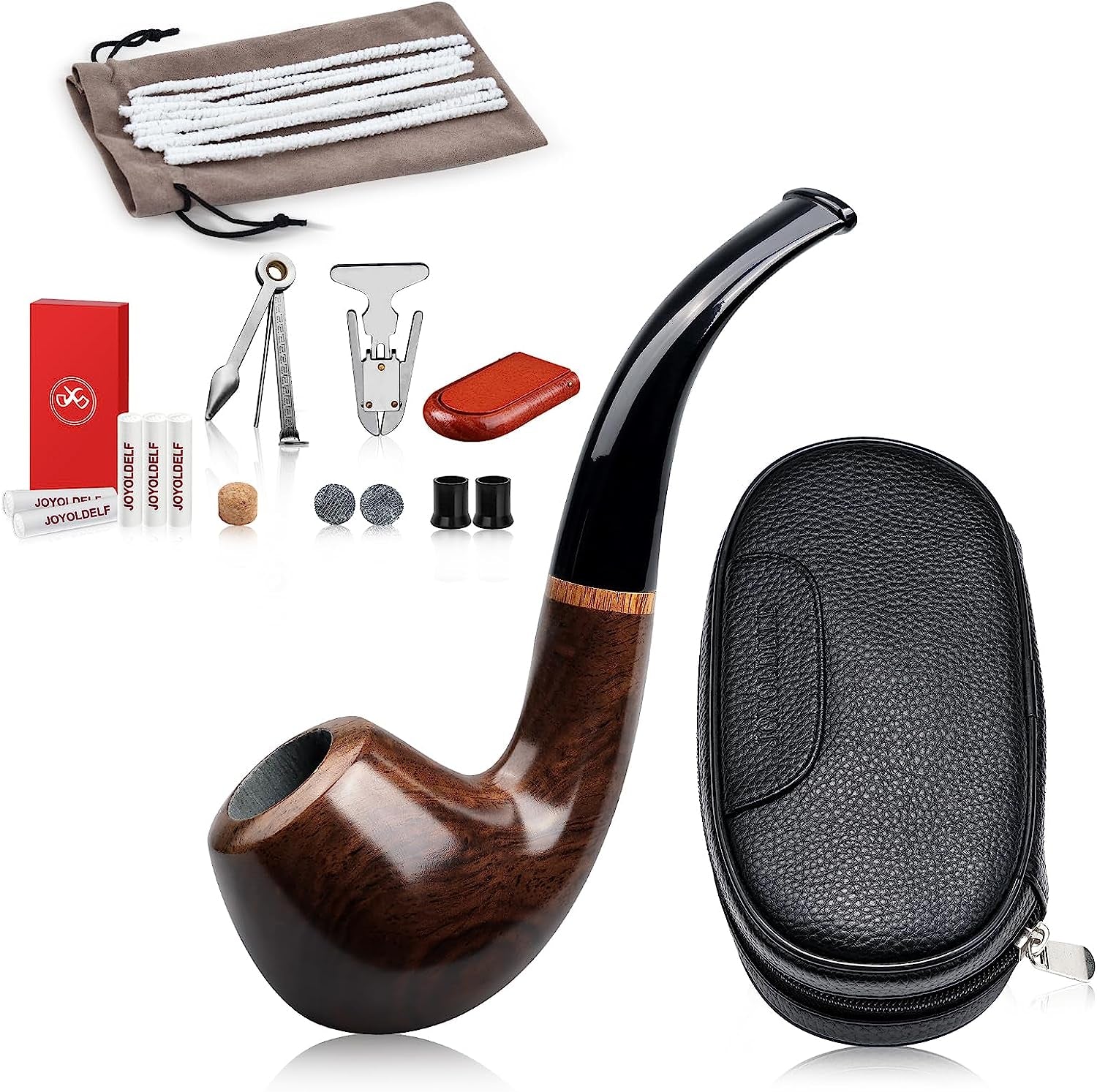 Luxury Tobacco Smoking Pipe, Leather  Pouch, Deepened & Windproof Tobacco Pipeswith 9mm Pipe Filter