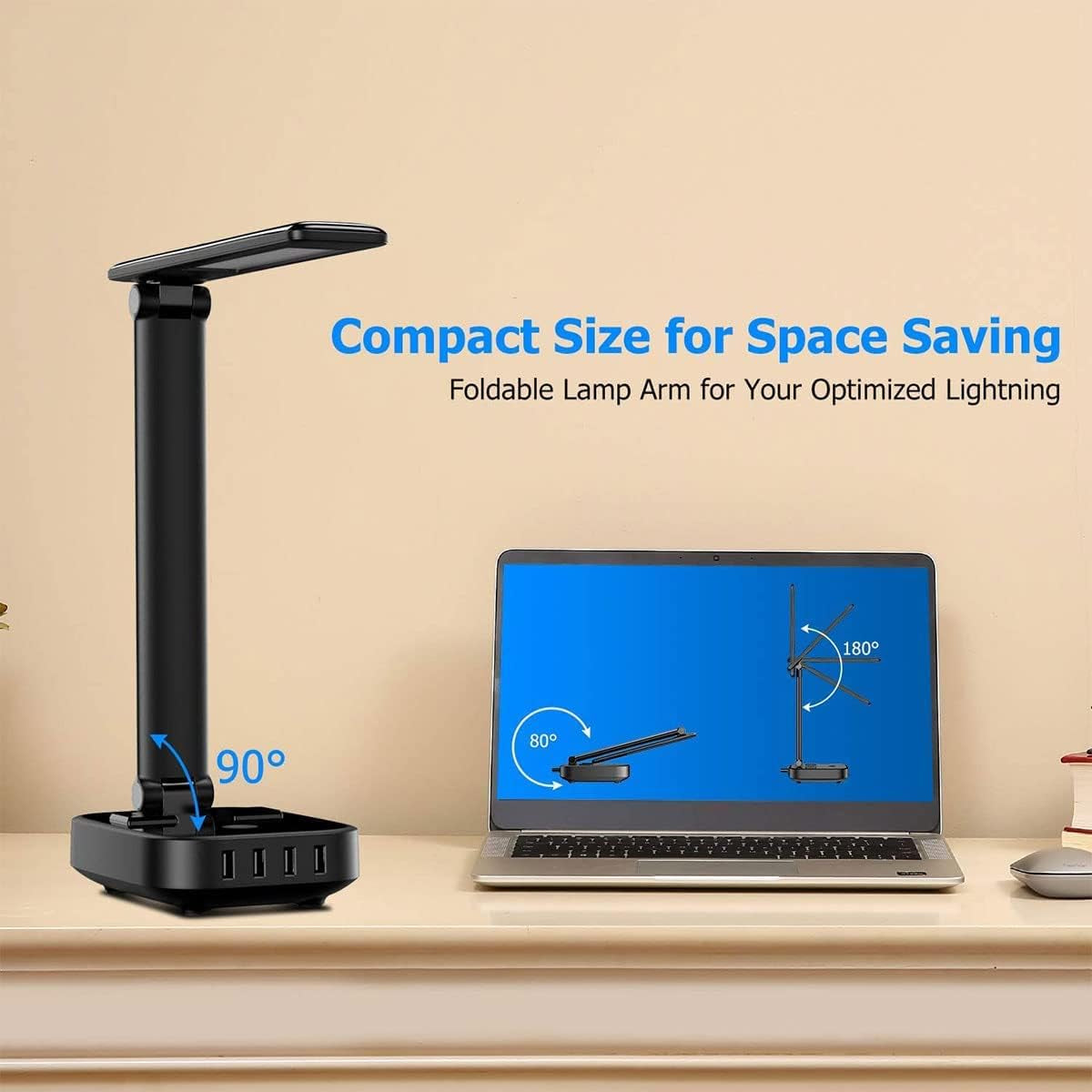 Desk Lamp with AC Outlet, USB Charging Port, Touch Control, 3 Brightness Levels, Foldable LED Desk Lamp for Space-Saving, Eye-Caring Study Lamp for Home Office (Includes Plug)