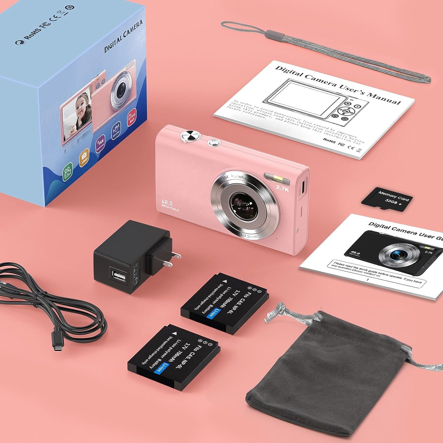 Auto Focus Digital Camera - A 2.7K Vlogging Camera with HD 48MP resolution, 16X Digital Zoom, and it includes a 32GB Memory Card, 2 Batteries, and a Charger. This portable, compact camera is suitable for Kids, Teens, Adults, and Beginners. Color: Pink.