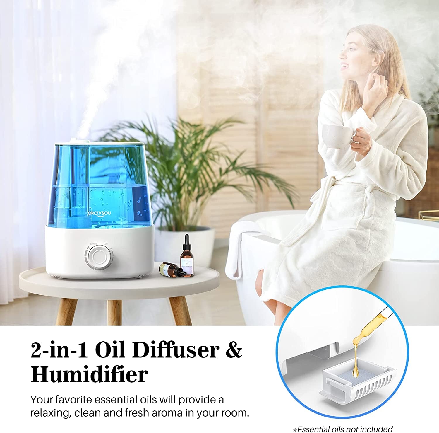  Large Room Humidifier with Essential Oil Diffuser, 2.2L Capacity, Quiet Cool Mist Ultrasonic Technology, 360° Mist Nozzle, Easy-Fill Tank, Auto Safety Shut-off, Blue Color