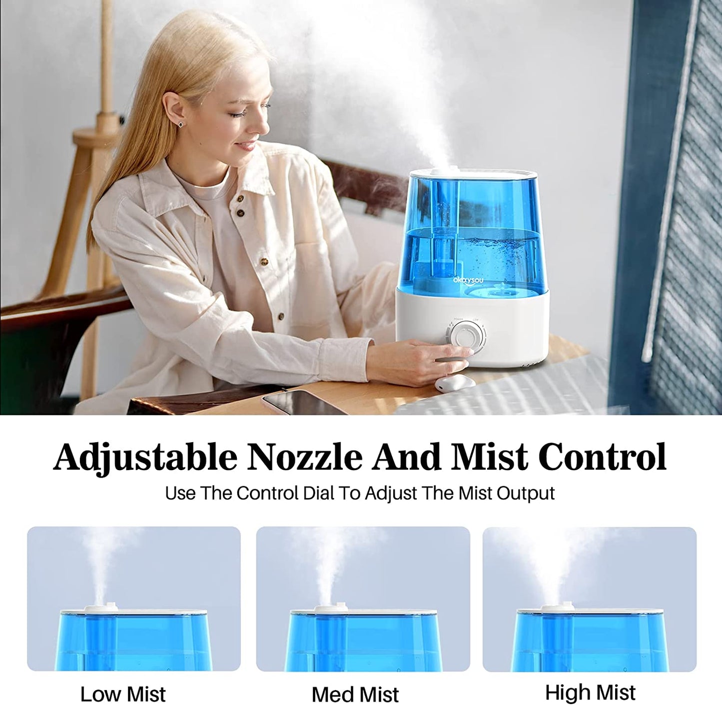  Large Room Humidifier with Essential Oil Diffuser, 2.2L Capacity, Quiet Cool Mist Ultrasonic Technology, 360° Mist Nozzle, Easy-Fill Tank, Auto Safety Shut-off, Blue Color