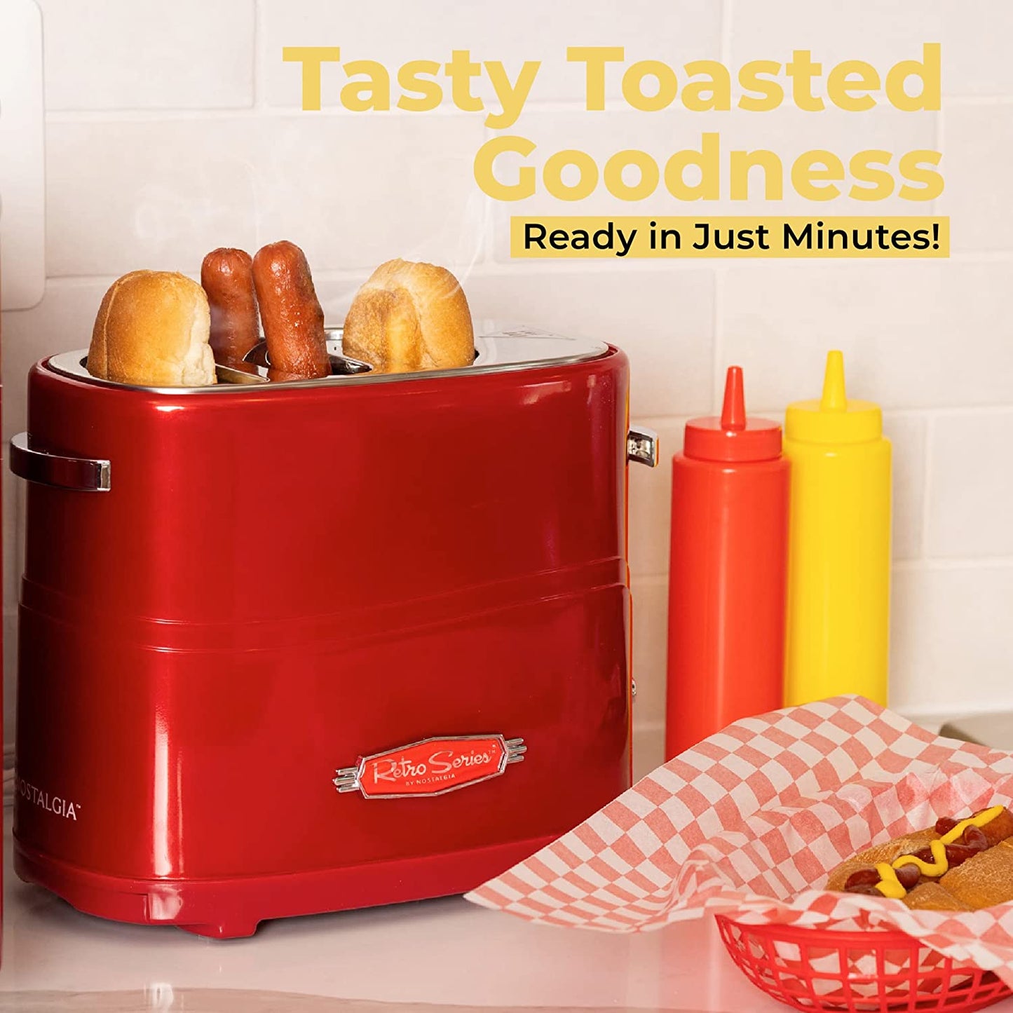 Retro Red 2-Slot Hot Dog and Bun Toaster with Mini Tongs: Perfect for Toasting Hot Dogs, Chicken, Turkey, Veggie Links, Sausages, and Brats