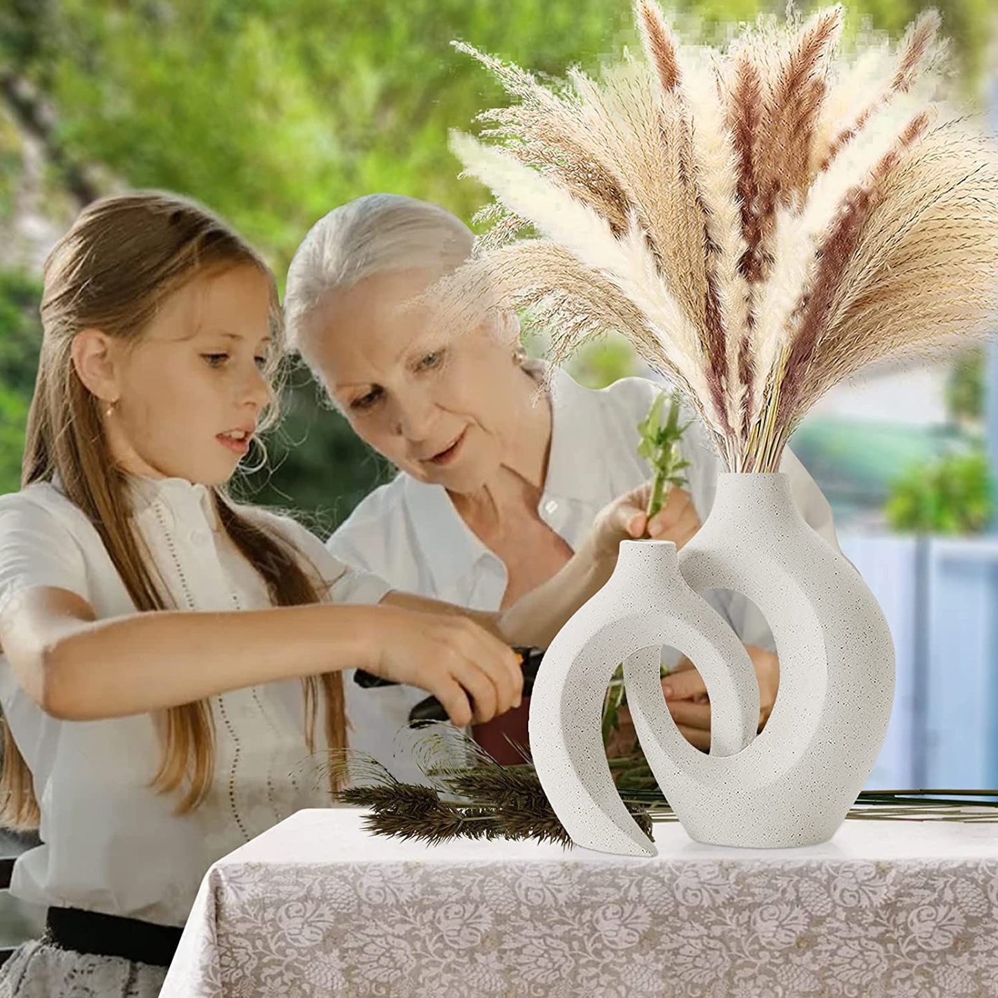Set of 2 Ceramic Round Vases - Perfect for Pampas Grass and Dry Flowers. These Minimalist Vases add Decorative Elegance to Tables in the Living Room, Bedroom, Dining Room, Office, and more.