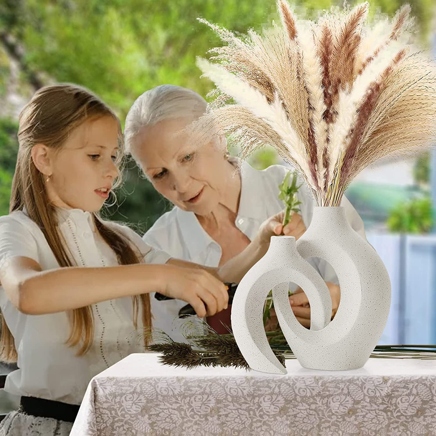 Set of 2 Ceramic Round Vases - Perfect for Pampas Grass and Dry Flowers. These Minimalist Vases add Decorative Elegance to Tables in the Living Room, Bedroom, Dining Room, Office, and more.