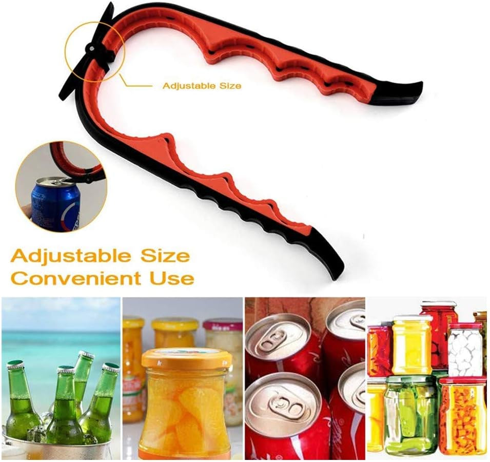 5-in-1 Multi-Function Kitchen Tool: Jar Opener, Manual Can Opener, Bottle Opener Kit in Red. Easily Open a Variety of Cans, Bottles, Jars, Beer, and Soda Pops with the Silicone Hand Gripper Aid.