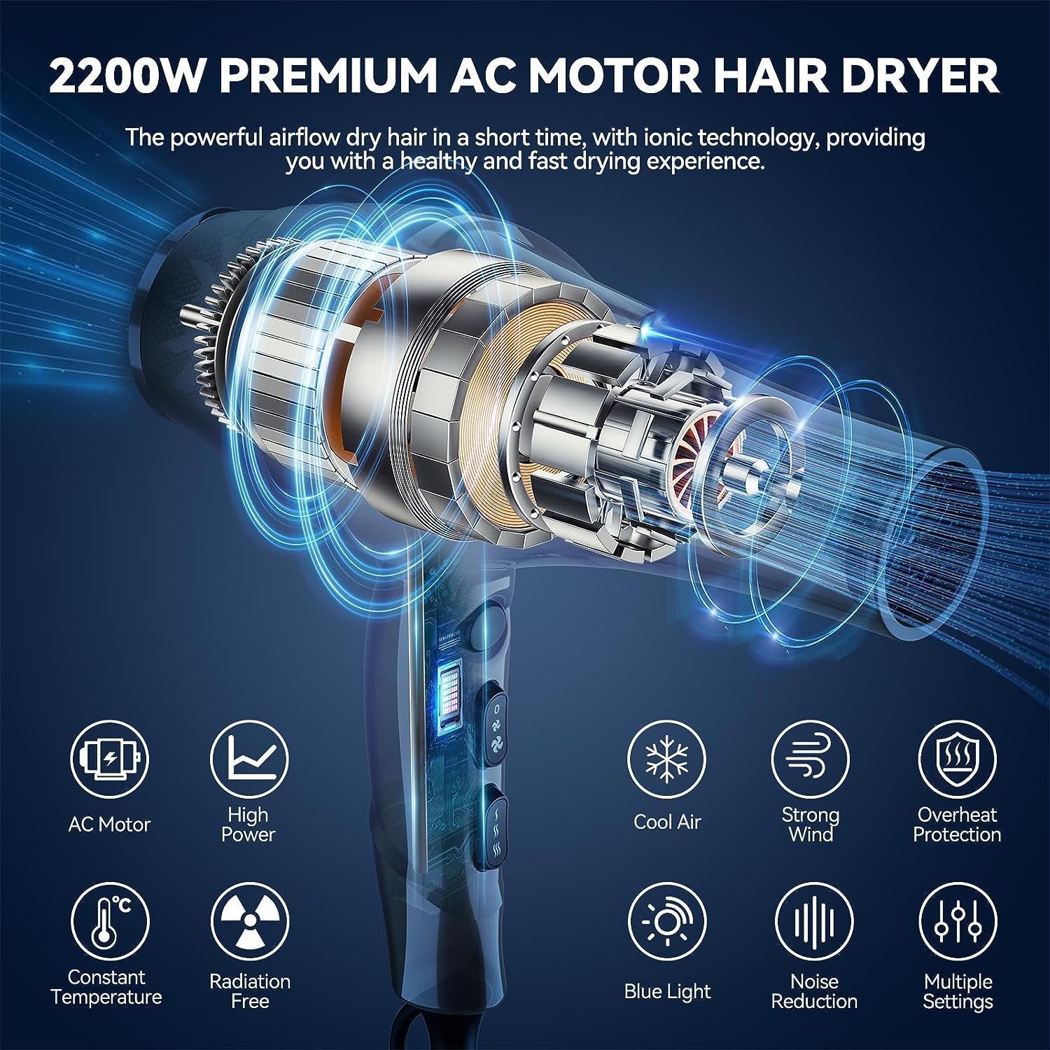 Professional Hair Dryer - 2200W Ionic Blow Dryer with Blue Ray Hair Care, Powerful AC Motor, Fast Drying, Constant Temperature, Low Noise; Suitable for Curly Hair, Ideal for Women and Men, Black Design.