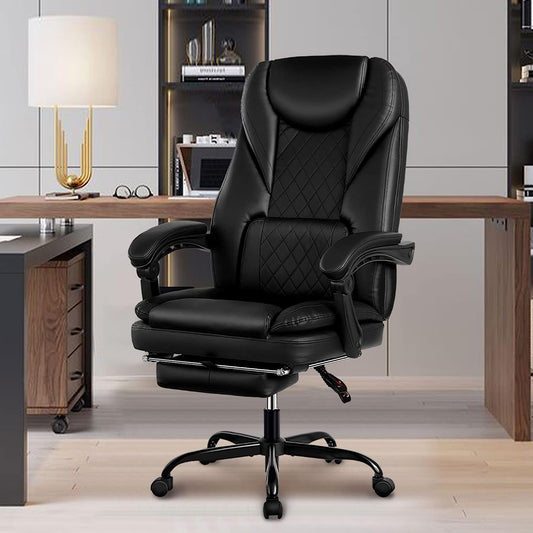 Executive Office Chair for Big and Tall Individuals - Features a Reclining Leather Chair with a Footrest, High Back, Lumbar Support, Ergonomic Design, and Padded Armrests, Suitable for Home Office Use. Available in Black.