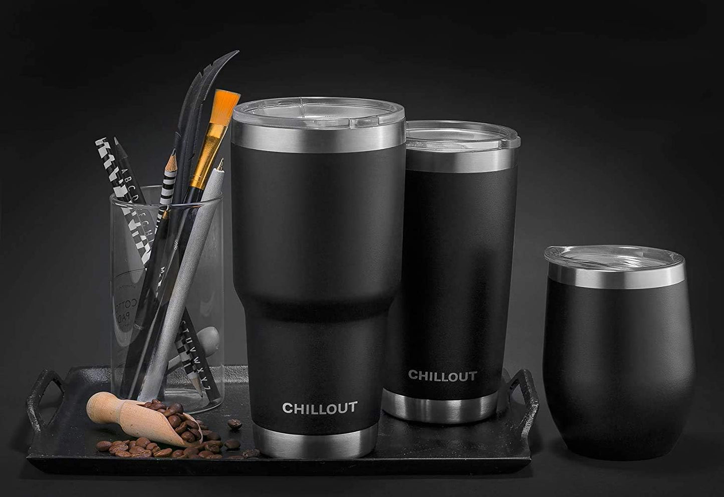 Stainless Steel Travel Mug Bundle: 30oz Tumbler with Handle, Straw, Cleaning Brush, and 2 Lids, Double Wall Insulated for Large Coffee - Color: Black