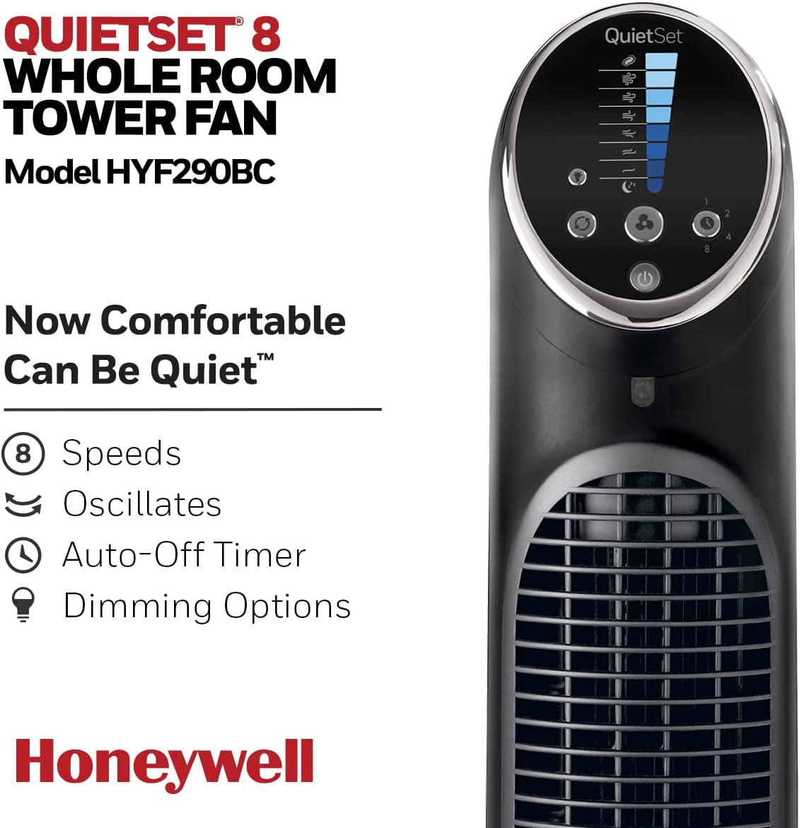  QuietSet® 8 Whole Room 40” Tall Tower Fan - Ideal for Home, Bedroom, or Office - 75° Oscillation - Remote Control - 8 Speeds - Slim Profile - Auto Shut-Off - Portable - Easy-to-Use Controls - Black