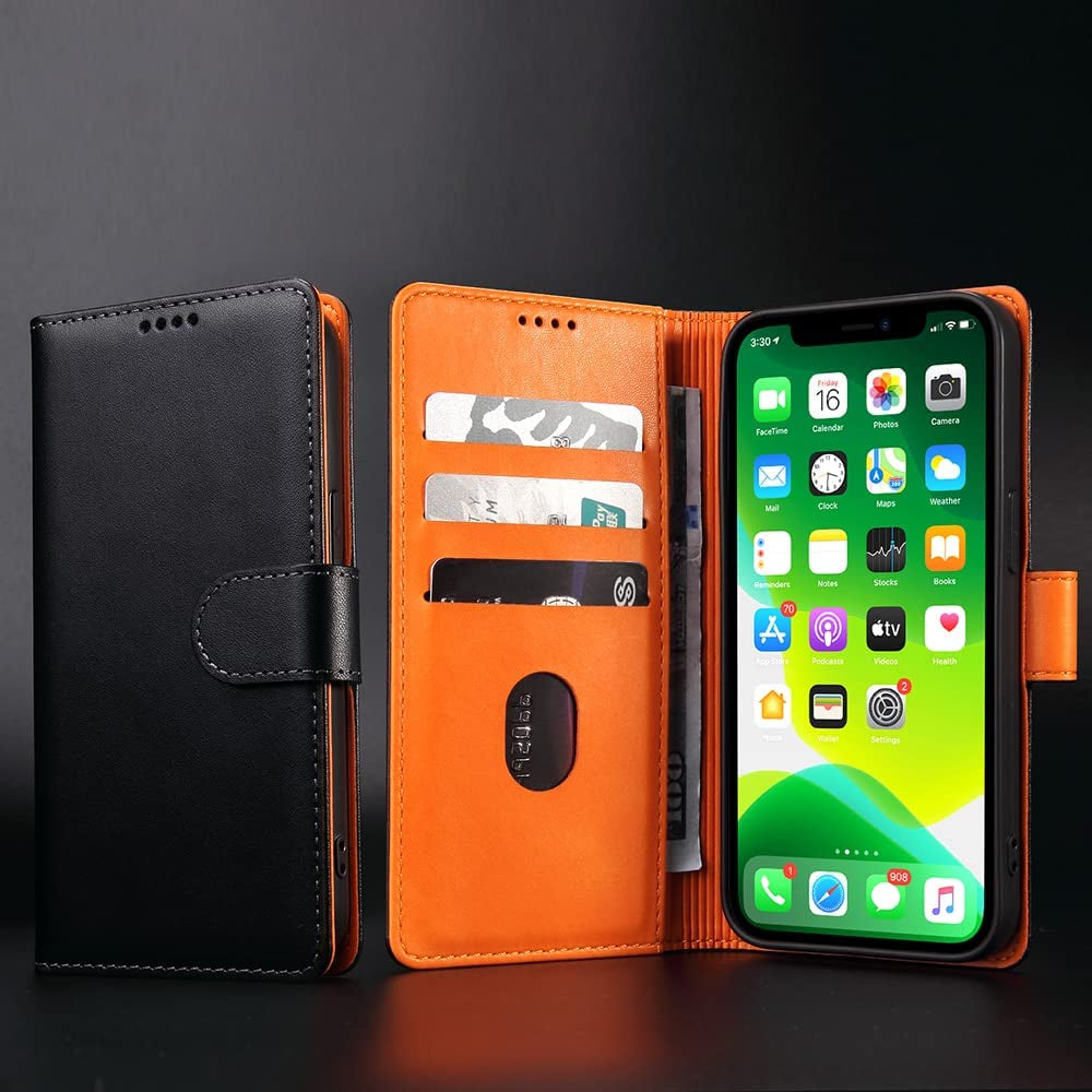 iPhone 11 Wallet Case made of genuine leather with a flip design. It has anti-theft RFID blocking, a kickstand, strong magnetic clasp closure, cash, and credit card slots. Available in Classic Black.