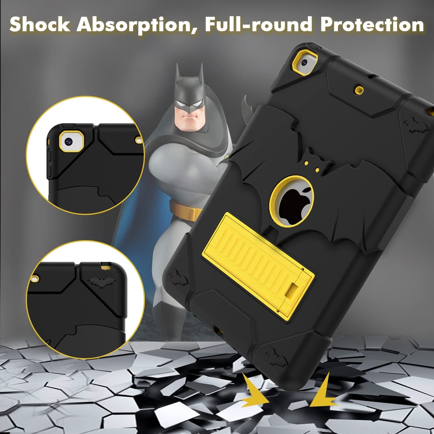 Rugged Protective Case for iPad 6th/5th Generation (2018/2017), iPad Air 2 (2014), and iPad 9.7'' - Heavy-Duty Shockproof Cover with Kickstand, Designed for Durability and Protection for Kids, Boys, and Girls; Stylish Black and Gold Design