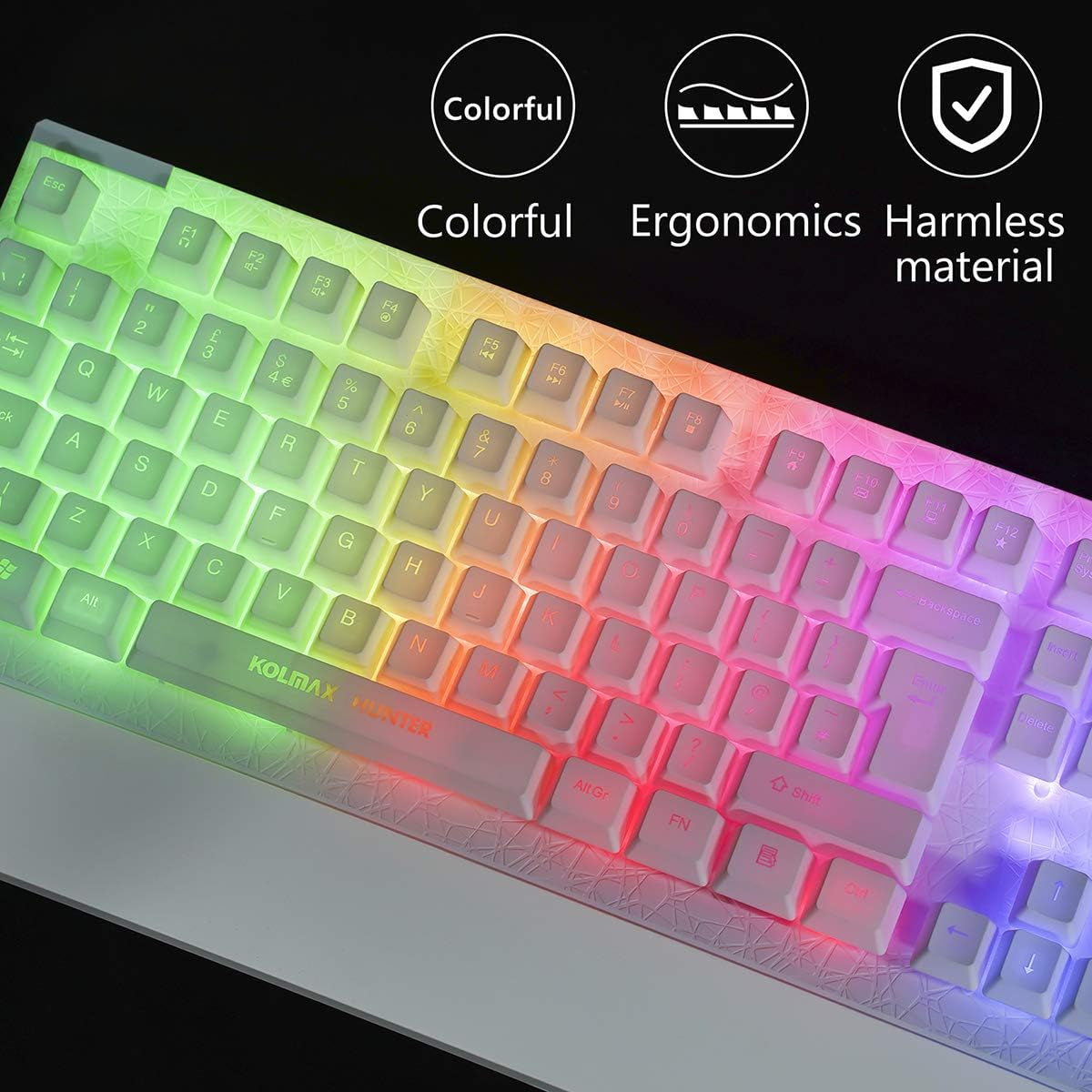 Gaming Keyboard and Mouse Combo in White - Features Colorful Lights with Rainbow LED Backlit Keyboard, Ergonomic Detachable Wrist Rest, and a Programmable 3200 DPI 7-Button Gaming Mouse, Suitable for Windows PC, Mac, Office, and Gaming Use.