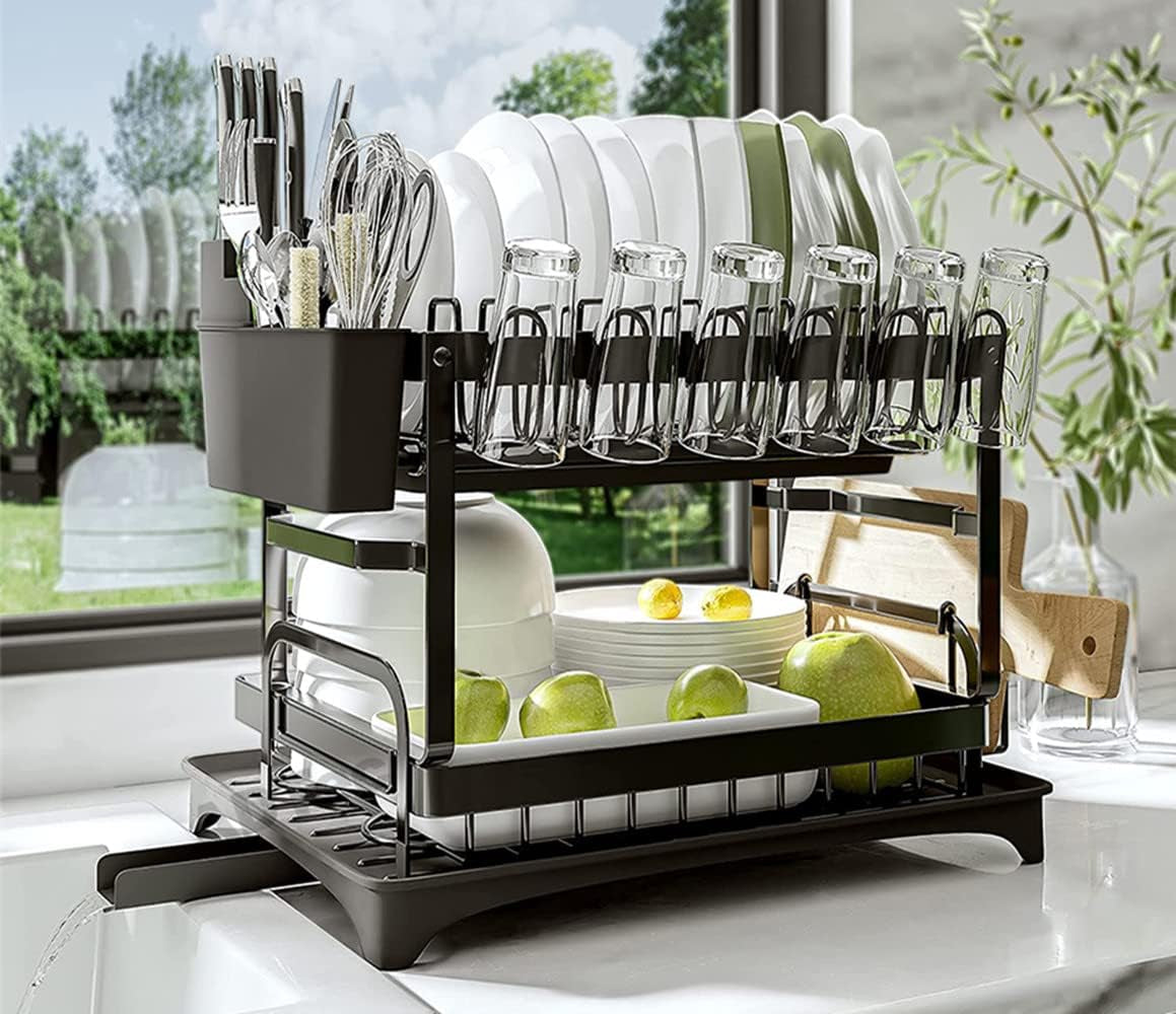 2-Tier Dish Rack for Kitchen Counter - Includes Drainboard, Convenient Dish Drying Rack Design, Perfect for Kitchen Counters, Available in Black Color.