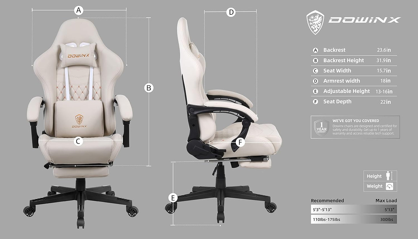 Gaming Chair Office Desk Chair with Massage Lumbar Support, Vintage Style Armchair, PU Leather E-Sports Gamer Chairs with Retractable Footrest in Milky White