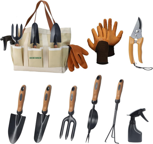 Complete 8-Piece Garden Tool Set: Includes Heavy-Duty Gardening Tools such as Pruner, Trowel, Hand Weeder, Rakes, Weeding Fork, Watering Pot, Gloves, and Tote Bag