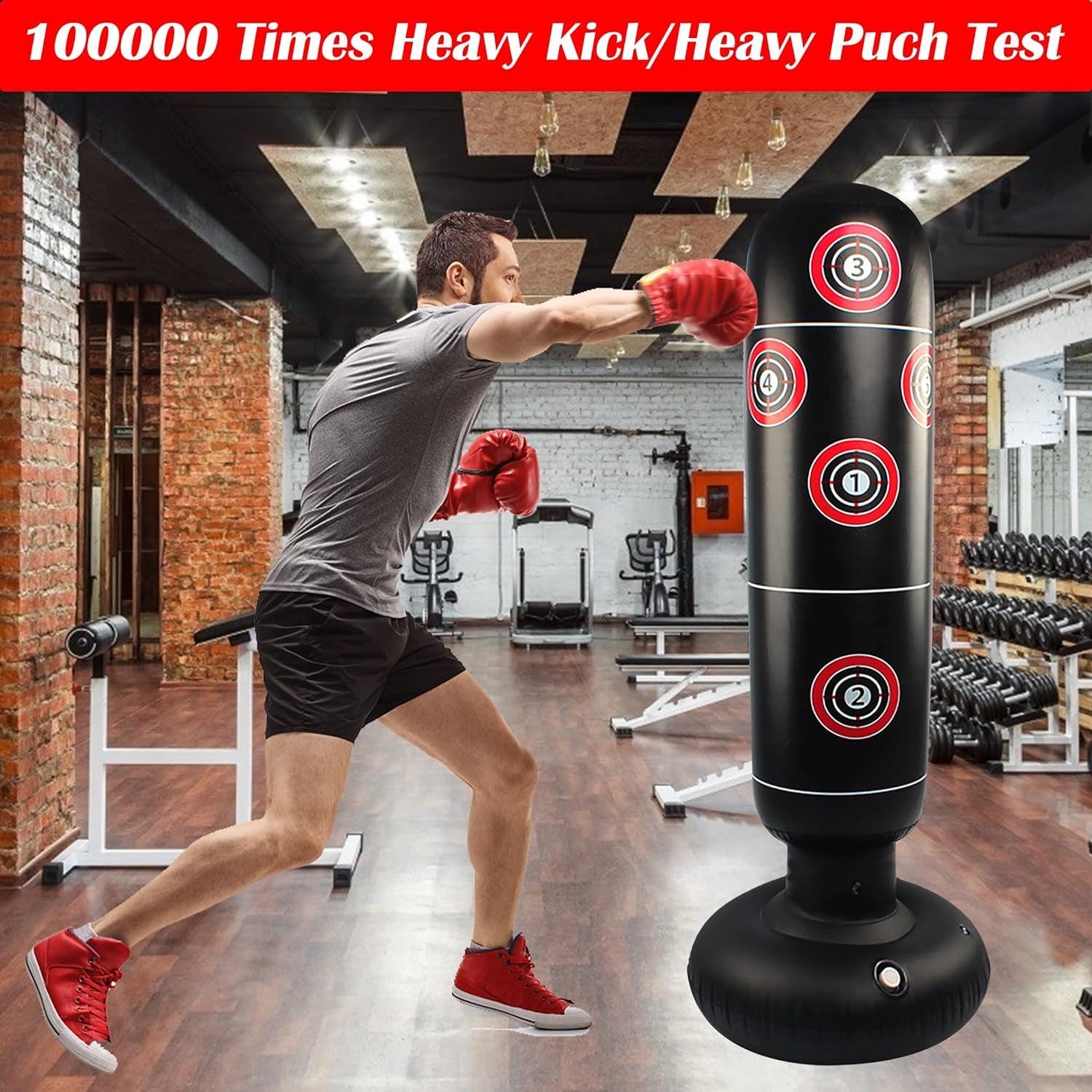 Freestanding Punching Bag for All Ages - 63" Inflatable Kickboxing Bag with Stand for MMA, Muay Thai, and Fitness Training - Suitable for Adults and Kids - Durable and Stylish Black Design