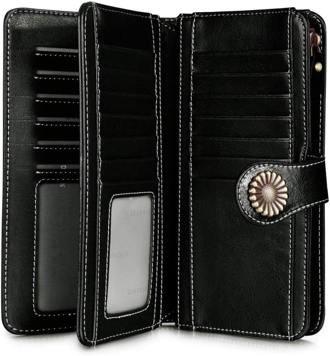 Genuine Leather Women's RFID Blocking Wallet Black - Clutch Style with Card Holder Organizer and Purse Functionality, Available in Black; Measures 7.6 x 1.37 x 4.1 inches, Offers Zipper Closure, Snap Closure, and Trifold Closure for Enhanced Security.