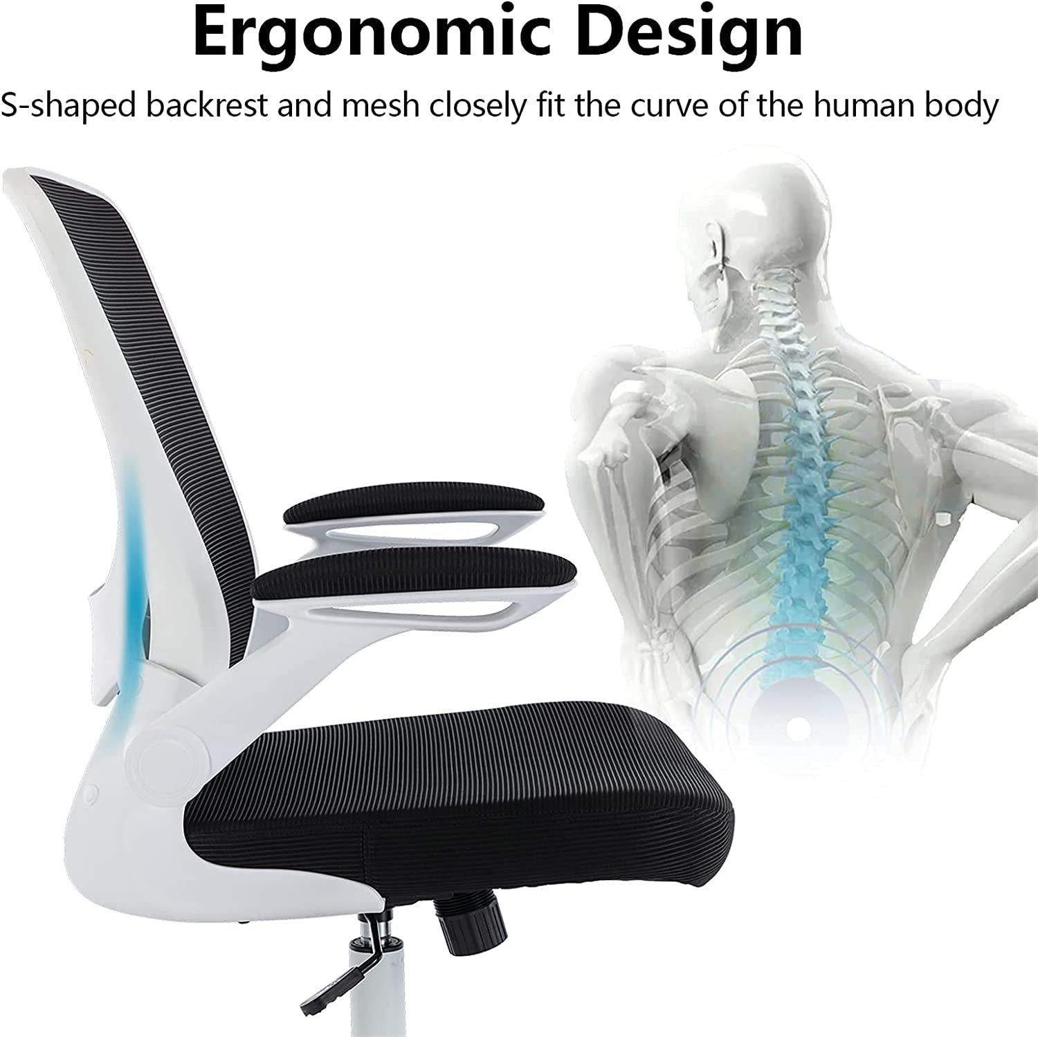 Ergonomic Office Chair - Breathable Mesh Design with Lumbar Support - Features Wheels and Flip-Up Arms - Swivel Task Chair - Adjustable Height - Suitable for Home or Gaming Use - Color: White