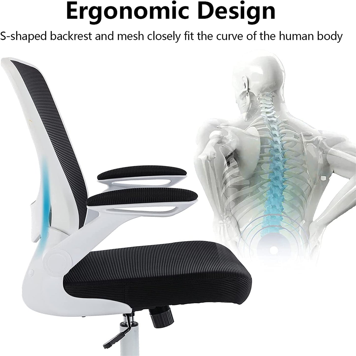 Ergonomic Mesh Office Chair with Lumbar Support, Flip-up Arms, and Adjustable Height - White 