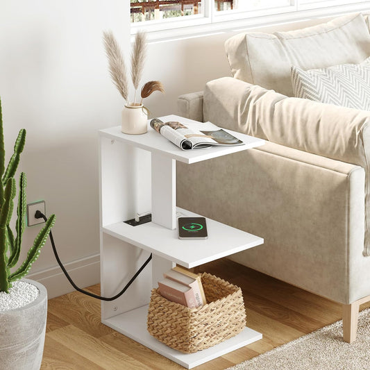 White End Table with Charging Station: Narrow Side Table for Small Spaces, USB Ports, Outlets, and 3 Shelves