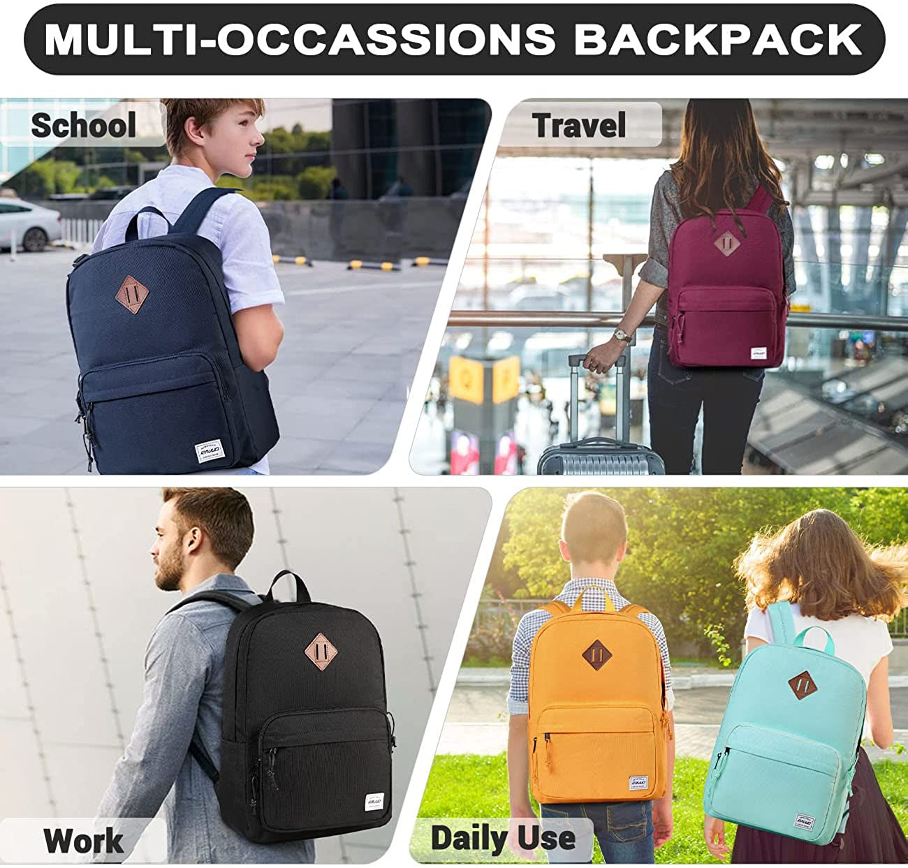 Lightweight Backpack for School, Water Resistant Classic Basic Bookbag Casual Daypack for Travel with Two Front Pockets