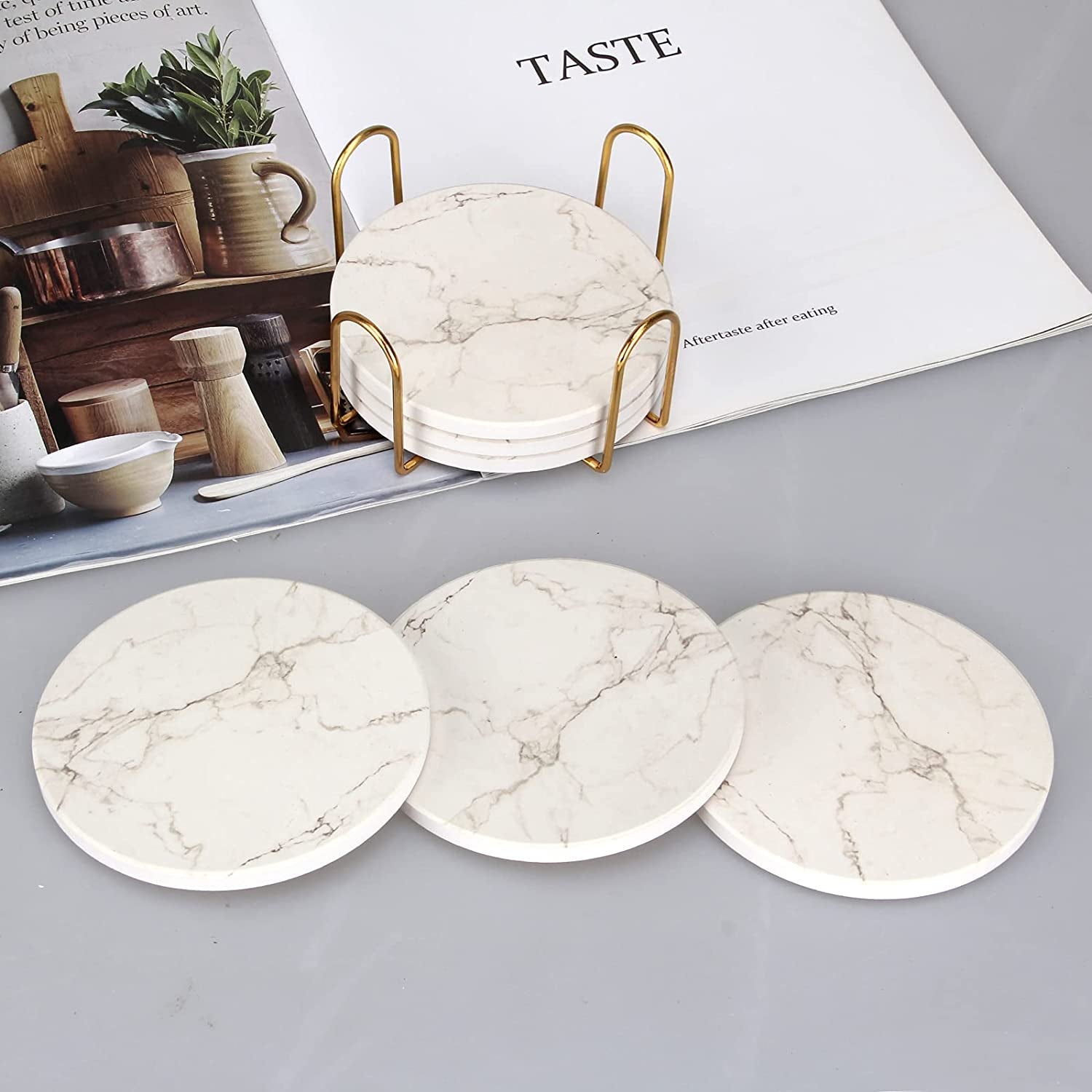 Set of 6 White Marble Coasters with Holder - Highly Absorbent Ceramic Drink Coasters, Perfect for Bars and Tables. These Modern Coasters make for a Cute and Practical Gift.