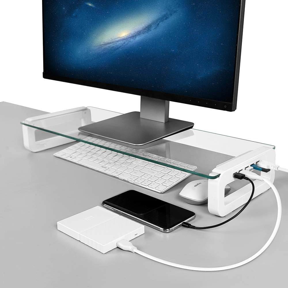 Tempered Glass Monitor Stand Riser with Built-in 4-Port USB 3.0 Hub - Enhances Desk Space, Offers Quick Charge and High-Speed Data Transfer at 5Gbps, Includes USB Cable; Suitable for Laptops, PCs, MacBooks, and More, in a Sleek White Design