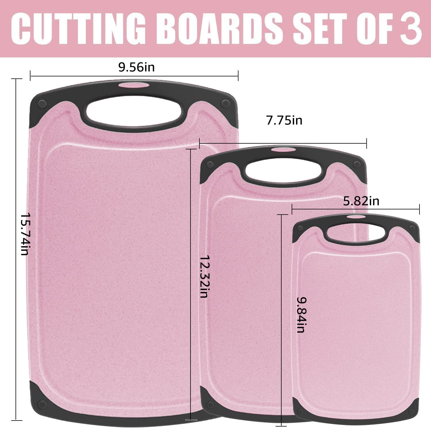  3-Piece Kitchen Cutting Board Set - Durable Plastic Chopping Boards with Juice Grooves, BPA-Free, and Dishwasher Safe - Pink