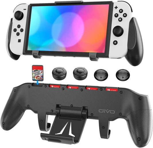 Switch Pro Grip with Enhanced Adjustable Stand and Cartridge Holders for Nintendo Switch, Ergonomic Asymmetrical Grip Design, 5 Game Slots, and 4 Thumb Caps Included
