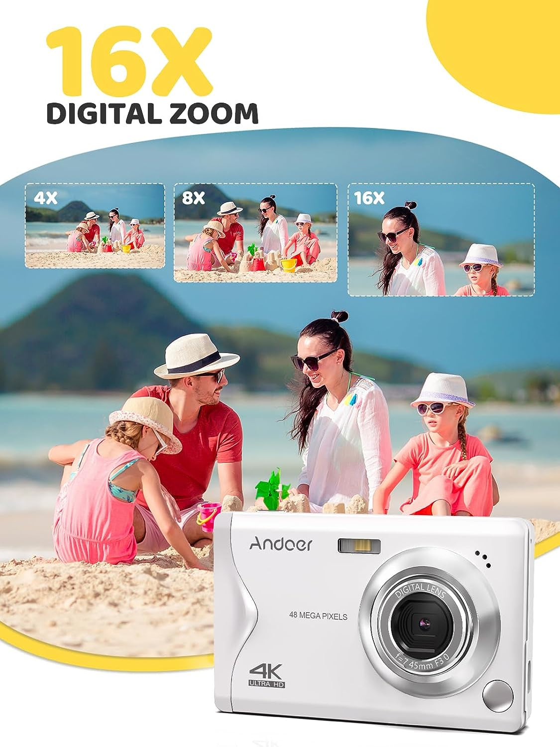 4K Ultra HD Kids Camera - A Portable Camera with a 3.0'' TFT screen, 48MP resolution, 16X Zoom, Auto Focus, Self-Timer, Face Detection, and Anti-Shaking features. It includes 2 Batteries and a Hand Strap, making it an ideal gift for children.