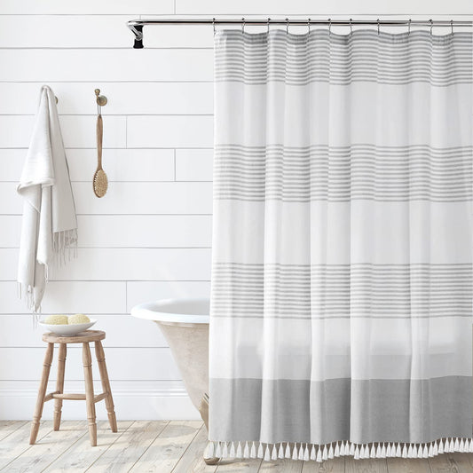 Gray and White Shower Curtain with Tassels - Modern Farmhouse Waterproof Decorative Polyester Cloth Bathroom Shower Curtain - 72"x72" Inches - Gray