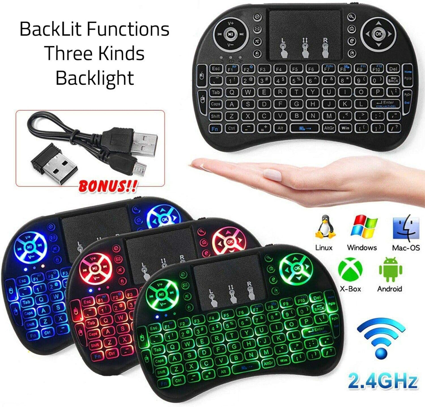 Wireless Mini Keyboard Remote Control - Includes Touchpad Mouse Combo and RGB Backlit - Designed for Smart TVs, Android TV Boxes, PCs, and IPTV - Operates on 2.4GHz Frequency.