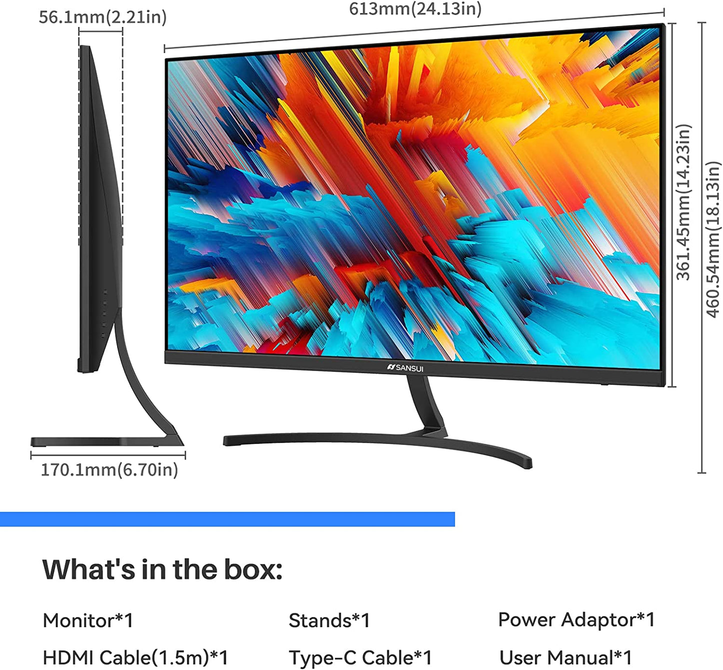 27" Full HD Monitor with USB Type-C, Built-in Speakers, 75Hz Refresh Rate, HDMI, VGA, Tilt Adjustment, Eye Comfort