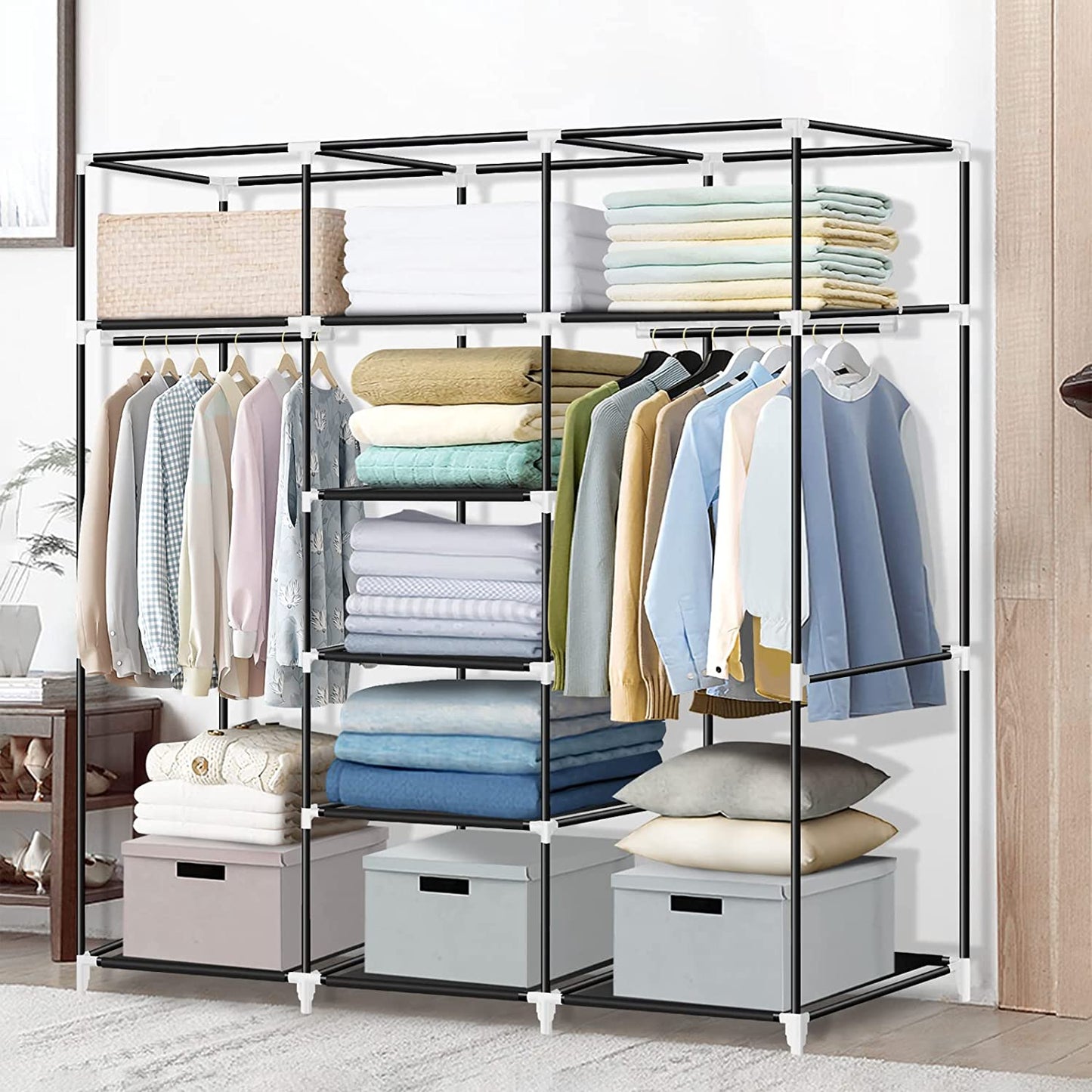 Portable Closet: 55.5 Inch Wardrobe Closet for Hanging Clothes with 2 Hanging Rods and 9 Clothes Storage Organizer Shelves. This Gray Closet is Extra Durable and Quick and Easy to Assemble.