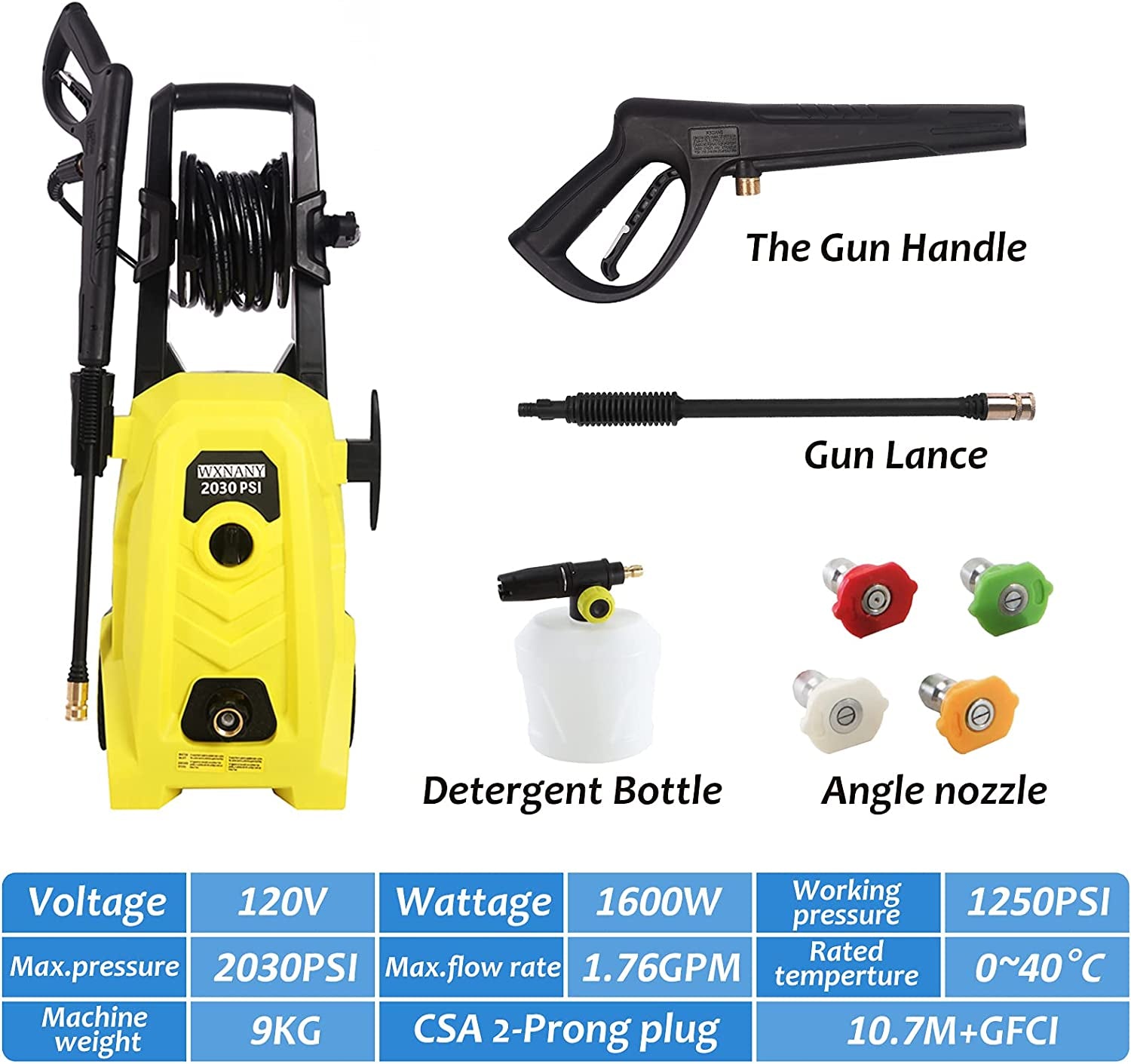 Electric High-Pressure Washer 1800W: 2030 Max PSI, 1.76 GPM, 14.5-Amp - Ideal for Cars, Fences, Driveways, and Patios - Includes 4 Interchangeable Nozzles, Foam Cannon, and Hose Reel