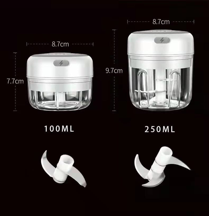 Mini Electric Food Processor: Perfect Kitchen Tool for Chopping Vegetables, Pepper, Onion, Garlic, Ginger, Spices, Meat, and Making Baby Food. It has a 250ML capacity, is USB rechargeable, and measures 3.42 x 3.8 inches.