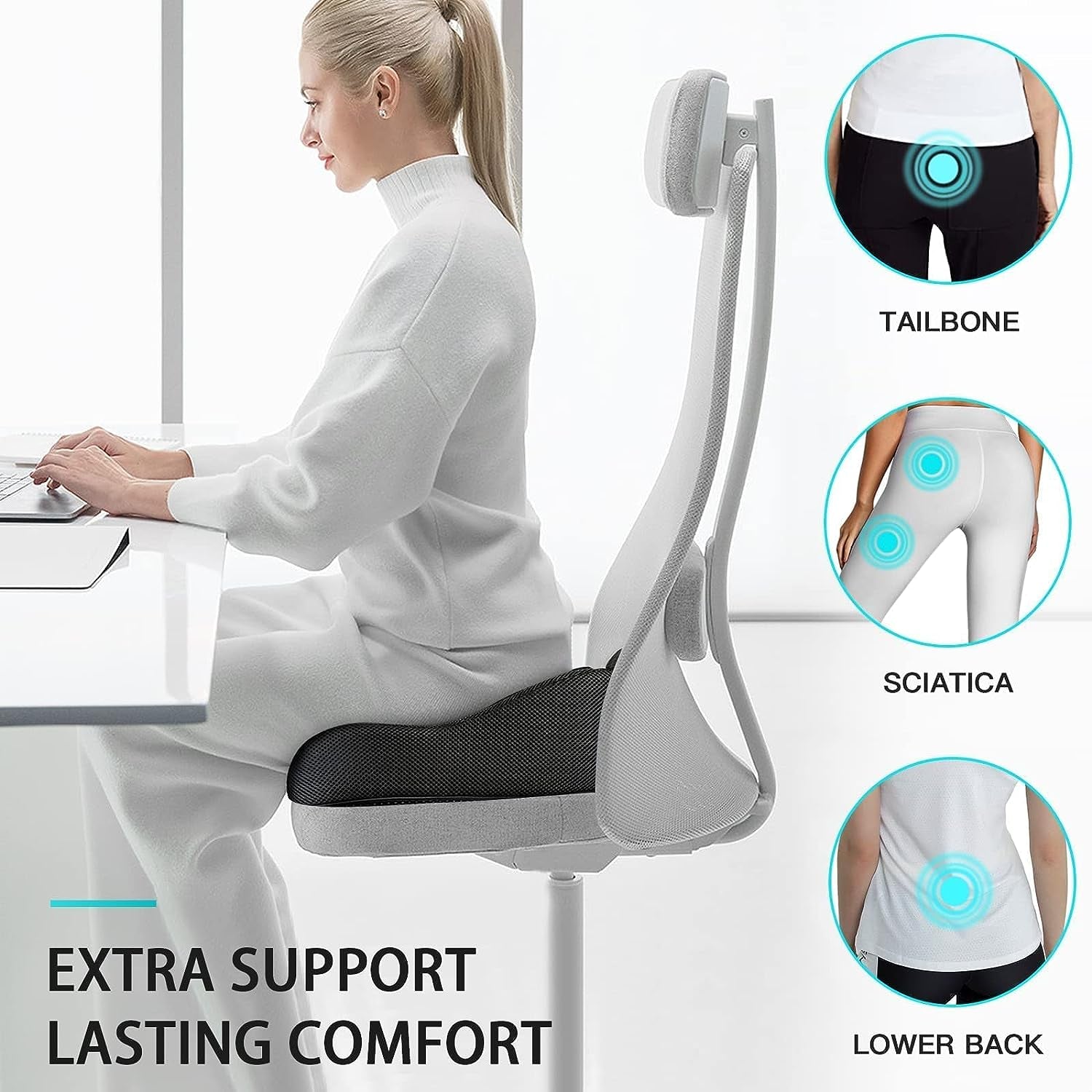 X Large Memory Foam Seat Cushion for Office Chair, Gaming Chair, and Car Seat - Provides Pressure Relief, Sciatica & Tailbone Pain Relief, and Firm Coccyx Support for Prolonged Sitting