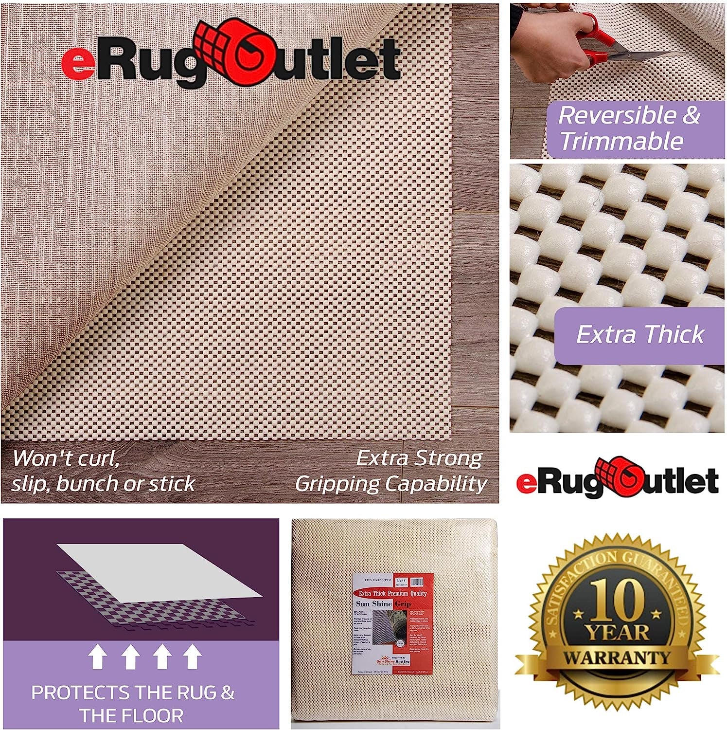8' x 11' Extra Thick Non-Slip Rug Pad - Provides Grip, Comfort, Cushion, and Protection for Rugs and Mattresses on Hard Surfaces - Rug Underpad
