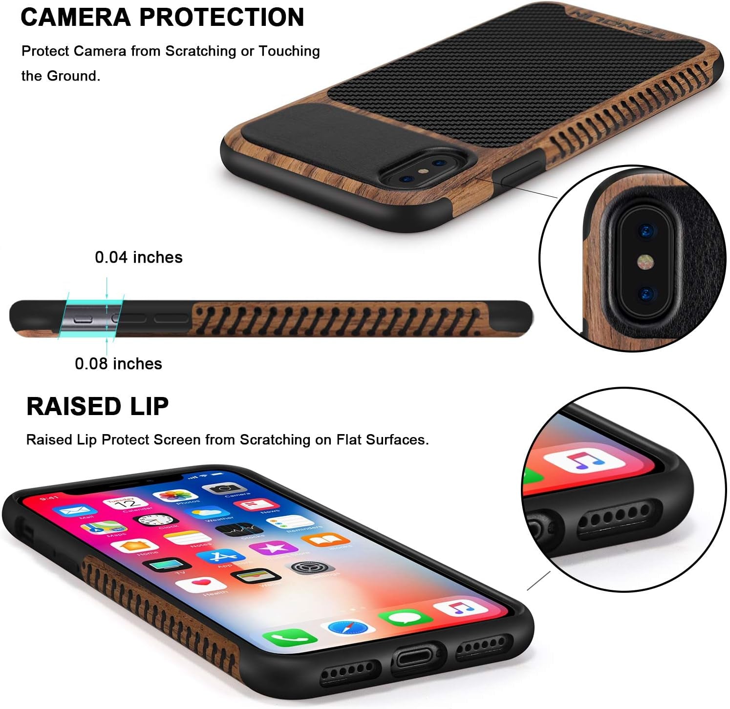 iPhone Xs Case/iPhone X Case with Wood Grain and Carbon Fiber Texture Design. Compatible with both iPhone X and iPhone Xs. Slim and stylish.