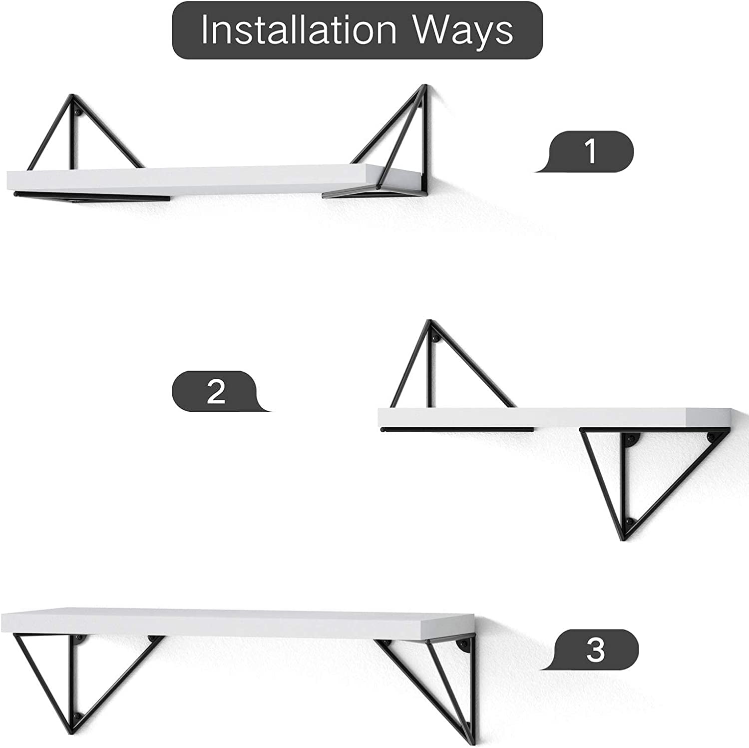 Set of 3 Floating Shelves - Wall Mounted - Rustic Design - Suitable for Bedroom, Bathroom, Living Room, and Kitchen - Color: White - Offers Stylish Wall Storage.