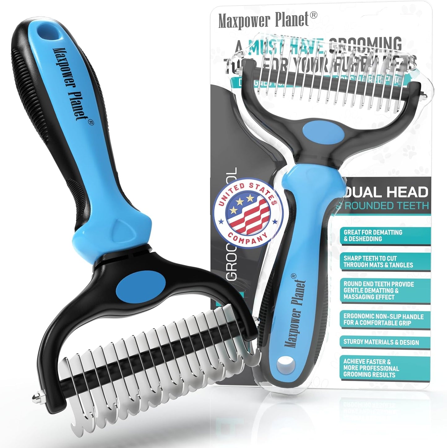 Professional Pet Grooming Brush - Dual-Sided Shedding and Dematting Undercoat Rake Comb for Dogs and Cats, Extra Wide Design, Blue Color