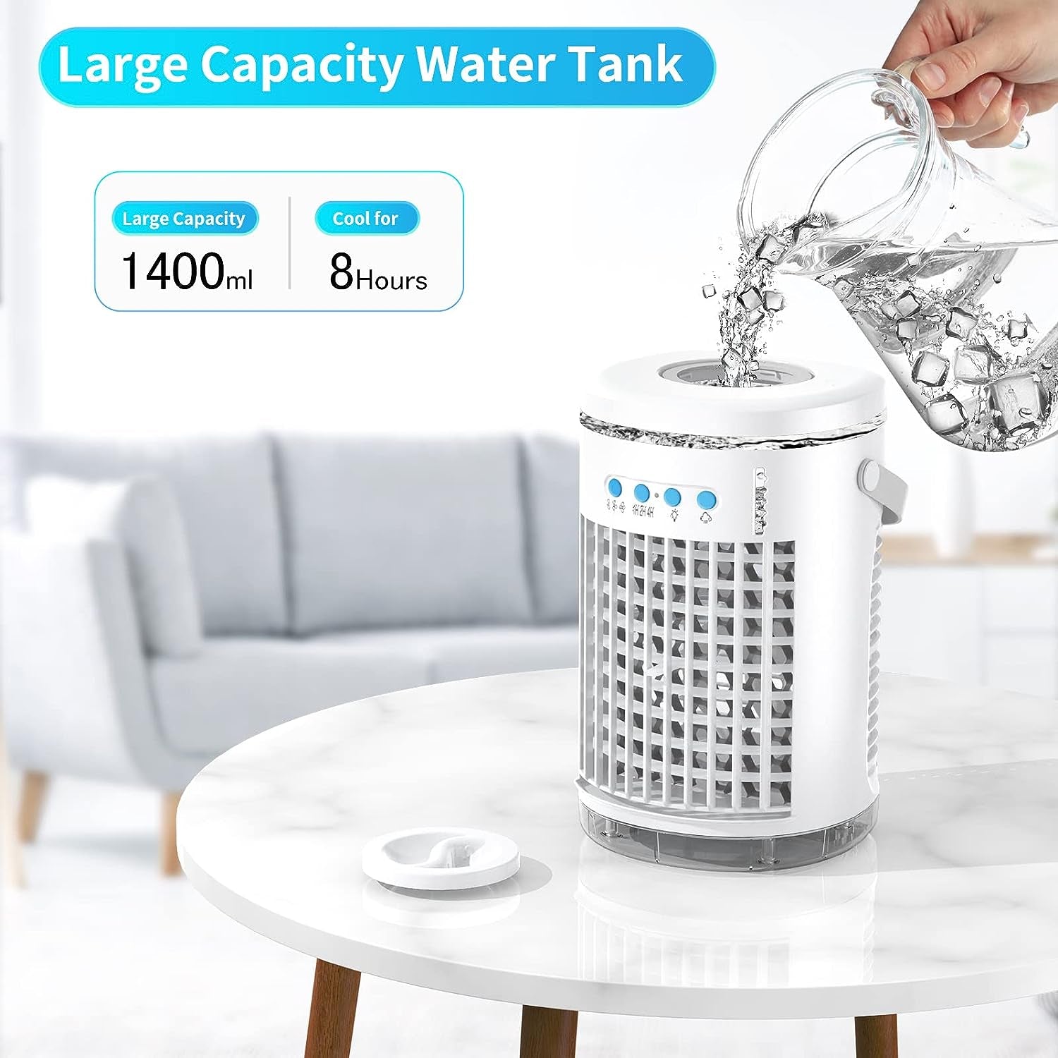 Versatile Portable Air Cooler Fan: Enjoy 3 Wind Speeds, 2 Misting Modes, and LED Light for Your Home, Office, or Bedroom - 1400ML Air Conditioner Fan in Blue and White