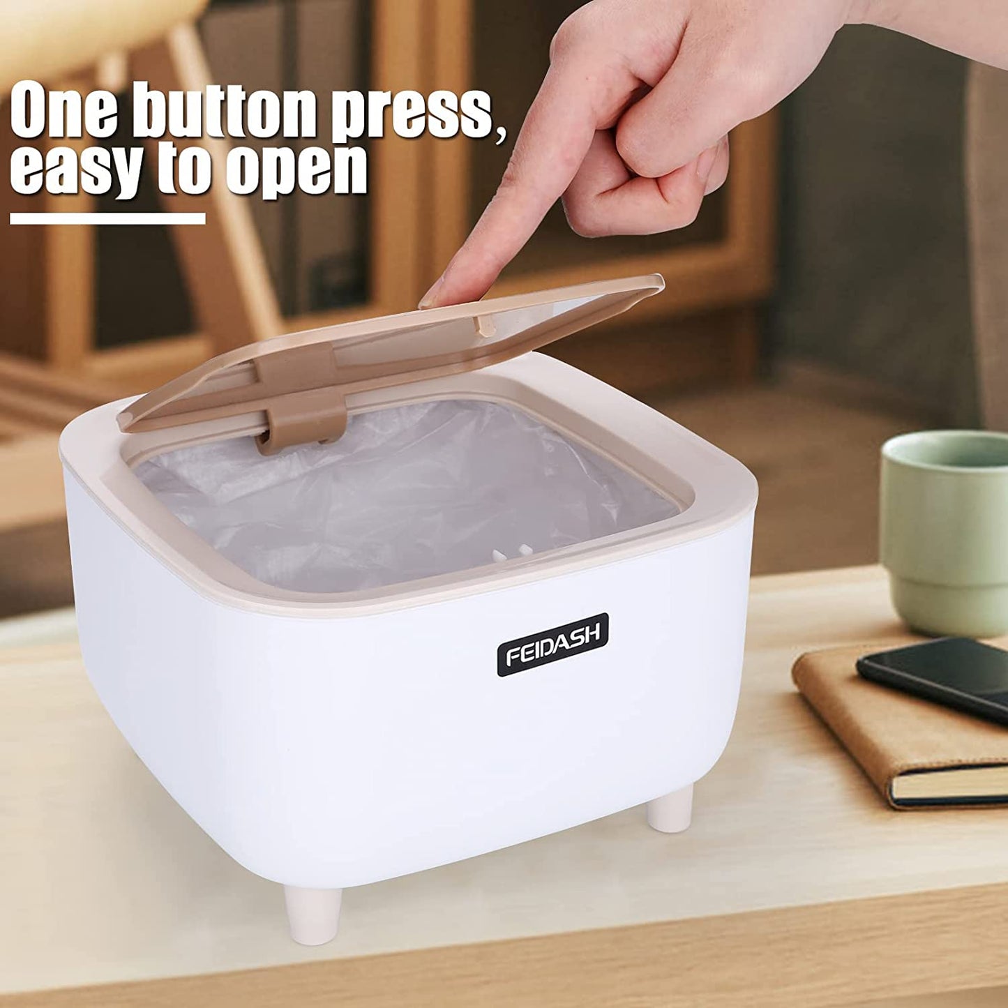Bedroom Trash Can with Lid, Kitchen Garbage Can - Trash Bin with Push Button, Rubbish Bin for Office, Living Room, 1.8 Gallon and 0.5 Gallon,2 Pack