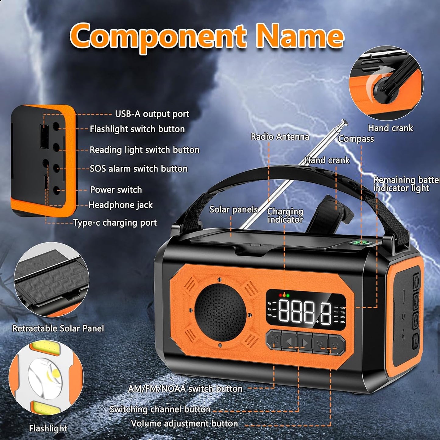 Versatile 12000mAh Emergency Weather Radio with Multiple Charging Methods, Flashlight, and Survival Features for Outdoor Camping and Emergency Situations