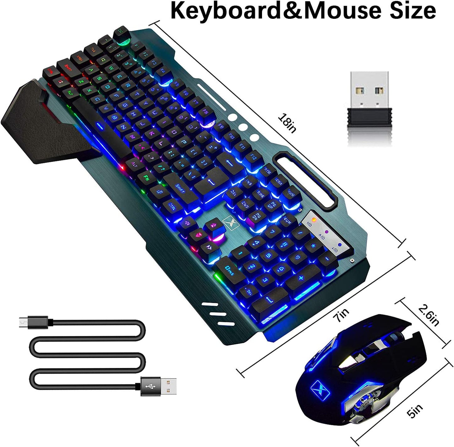 Wireless Gaming Keyboard and Mouse Set with Rainbow Backlight, Rechargeable Keyboard Mouse Combo featuring 3800mAh Battery, Metal Panel, Removable Hand Rest, Mechanical Feel Keyboard, and 7 Color Gaming Mouse for PC Gamers