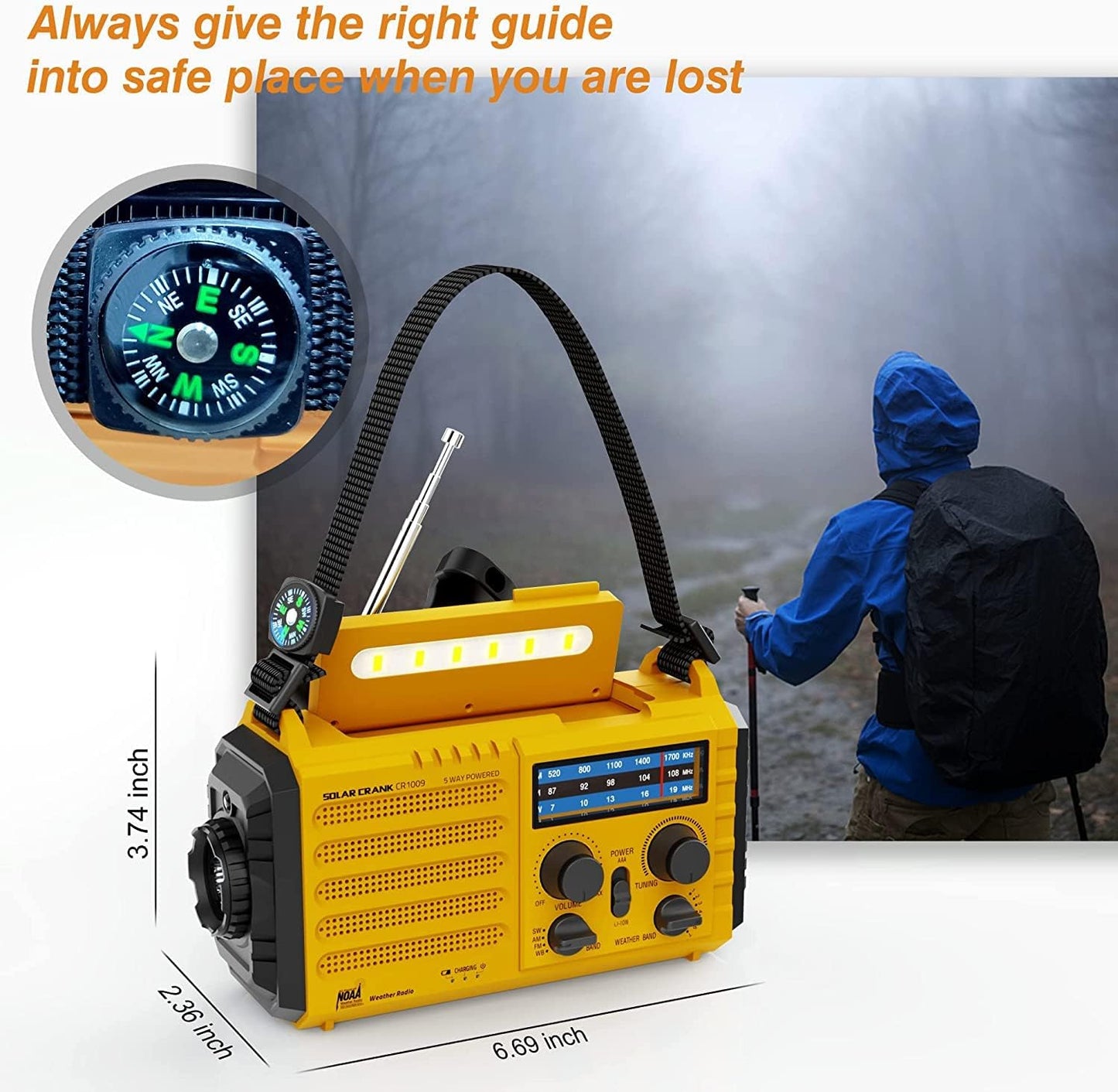 Portable Weather Radio with Emergency Features, Rechargeable Battery, Solar Panel, and Multiple Functions for Survival and Blackout Situations