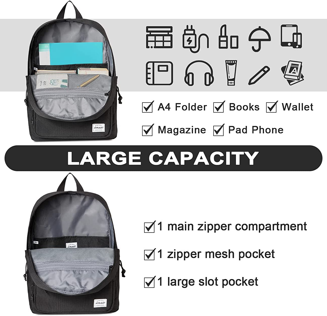 Lightweight Backpack for School, Water Resistant Classic Basic Bookbag Casual Daypack for Travel with Two Front Pockets